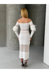 Cool & Sexy Feather Detailed Full Lycra Midi Size Dress White - Image 3
