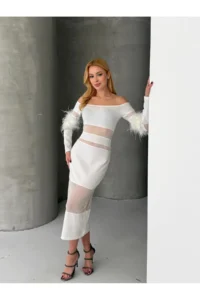 Cool & Sexy Feather Detailed Full Lycra Midi Size Dress White - Image 4