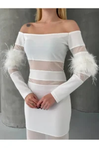Cool & Sexy Feather Detailed Full Lycra Midi Size Dress White - Image 6