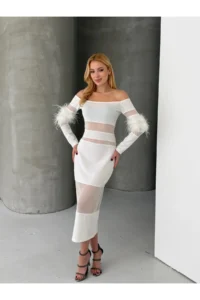 Cool & Sexy Feather Detailed Full Lycra Midi Size Dress White - Image 8