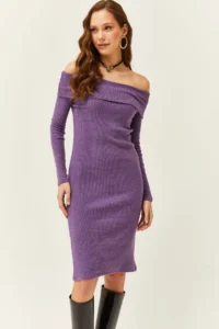Olalook Women Purple Madonna Collar Lycra Dress - Image 3