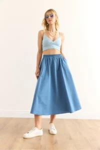 Olalook Women's Indigo Pocketed Elastic Waist Midi Woven Bell Skirt - Image 4