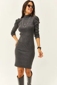 Olalook Women's Anthracite Half Turtleneck Princess Sleeve Raised Mini Dress