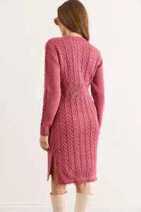 Olalook Women's Dusty Rose Banded Waist Slit Hair Knitted Mini Dress - Image 3