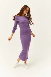 Olalook Women's Purple Madonna Collar Lycra Long Dress - Image 4