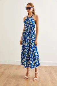 Olalook Women's Daisy Saks Blue Halter Collar Belted Woven Viscon Dress - Image 3