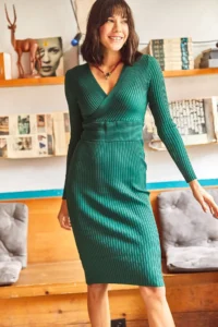 Olalook Women Emerald Green Double breasted Knit Dress - Image 3
