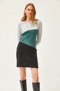 Olalook Women's Gray Green Black Color Block Raised Mini Dress - Image 2