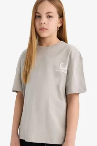 DeFacto Oversize Wide Fit Crew Neck Back Printed Short Sleeve T-Shirt Girl Child
