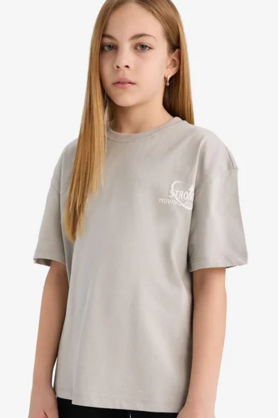 DeFacto Oversize Wide Fit Crew Neck Back Printed Short Sleeve T-Shirt Girl Child