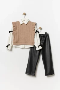 Minipodyum Girl's Bottom Top Set with Leather Trousers Eid Set 3-Piece - Image 2