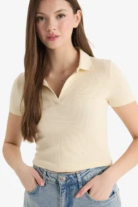 DeFacto Fitted Polo Neck Basic Plain Ribbed Camisole Short Sleeve T-Shirt