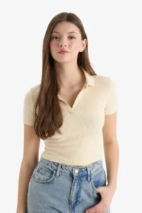 DeFacto Fitted Polo Neck Basic Plain Ribbed Camisole Short Sleeve T-Shirt - Image 3