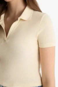 DeFacto Fitted Polo Neck Basic Plain Ribbed Camisole Short Sleeve T-Shirt - Image 5