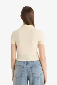 DeFacto Fitted Polo Neck Basic Plain Ribbed Camisole Short Sleeve T-Shirt - Image 6