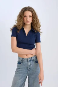DeFacto Fitted Polo Neck Basic Plain Ribbed Camisole Short Sleeve T-Shirt
