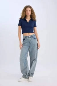 DeFacto Fitted Polo Neck Basic Plain Ribbed Camisole Short Sleeve T-Shirt - Image 2