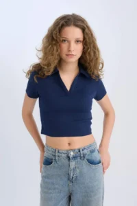 DeFacto Fitted Polo Neck Basic Plain Ribbed Camisole Short Sleeve T-Shirt - Image 3