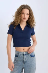 DeFacto Fitted Polo Neck Basic Plain Ribbed Camisole Short Sleeve T-Shirt - Image 4