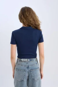 DeFacto Fitted Polo Neck Basic Plain Ribbed Camisole Short Sleeve T-Shirt - Image 6