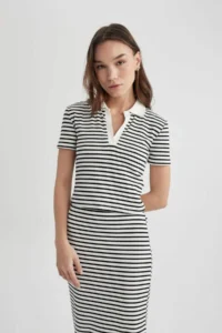 DeFacto Fitted Polo Neck Striped Short Sleeve T-Shirt - Image 3