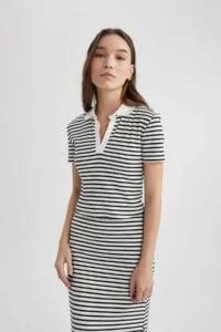 DeFacto Fitted Polo Neck Striped Short Sleeve T-Shirt - Image 4