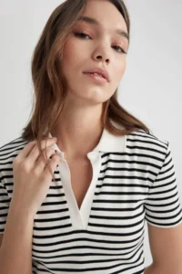 DeFacto Fitted Polo Neck Striped Short Sleeve T-Shirt - Image 5