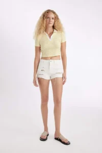 DeFacto Fitted Polo Neck Ribbed Camisole Short Sleeve T-Shirt - Image 2