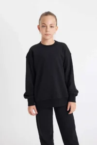 DeFacto Girl's Black Relax Fit Crew Neck Cotton Basic Plain School Sweatshirt A2797a824au