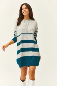 Olalook Women's Gray Six Stripes Soft Textured Knitwear Tunic Dress - Image 3