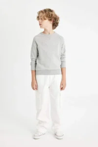DeFacto Boy's Gray Crew Neck Cotton Basic Plain School Sweatshirt - Image 2