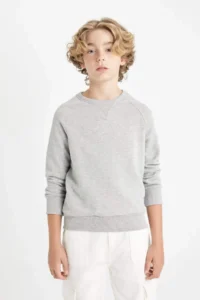 DeFacto Boy's Gray Crew Neck Cotton Basic Plain School Sweatshirt - Image 3