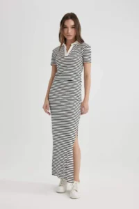 DeFacto Fitted Corded Striped Camisole Maxi Skirt - Image 3