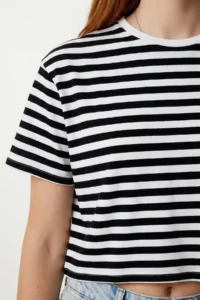 Lovelyİstanbul Oversize Striped Cotton Knitted T-shirt  BLACK WHITE - Image 3
