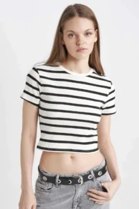 DeFacto Cool Fitted Striped Ribbed Short Sleeve T-Shirt