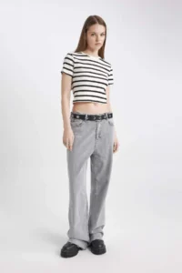 DeFacto Cool Fitted Striped Ribbed Short Sleeve T-Shirt - Image 2