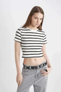 DeFacto Cool Fitted Striped Ribbed Short Sleeve T-Shirt - Image 3