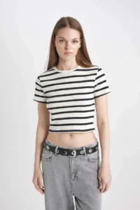 DeFacto Cool Fitted Striped Ribbed Short Sleeve T-Shirt - Image 4