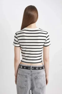 DeFacto Cool Fitted Striped Ribbed Short Sleeve T-Shirt - Image 7