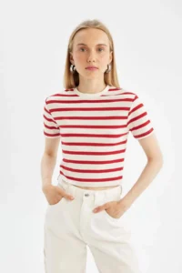 DeFacto Fitted Striped Ribbed Short Sleeve T-Shirt
