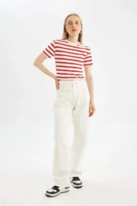 DeFacto Fitted Striped Ribbed Short Sleeve T-Shirt - Image 2
