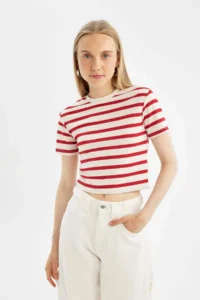 DeFacto Fitted Striped Ribbed Short Sleeve T-Shirt - Image 3