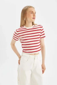 DeFacto Fitted Striped Ribbed Short Sleeve T-Shirt - Image 4