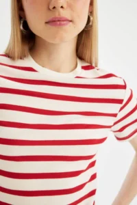 DeFacto Fitted Striped Ribbed Short Sleeve T-Shirt - Image 5