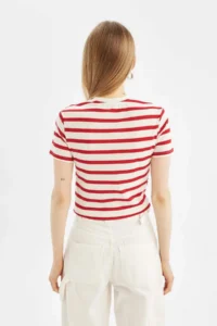 DeFacto Fitted Striped Ribbed Short Sleeve T-Shirt - Image 6