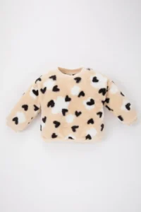 DeFacto Baby Girl Regular Fit Crew Neck Heart Patterned Welsoft Plush Sweatshirt