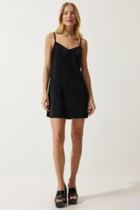 Happiness İstanbul Women Black Sleeveless Velvet Mini Dress