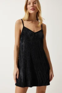 Happiness İstanbul Women Black Sleeveless Velvet Mini Dress - Image 3