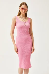 Olalook Women's Pink Thick Strap Lycra Midi Dress - Image 5