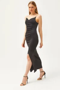 Olalook Women's Black Stone Strap Drape Detailed Back Zipper Scuba Dress